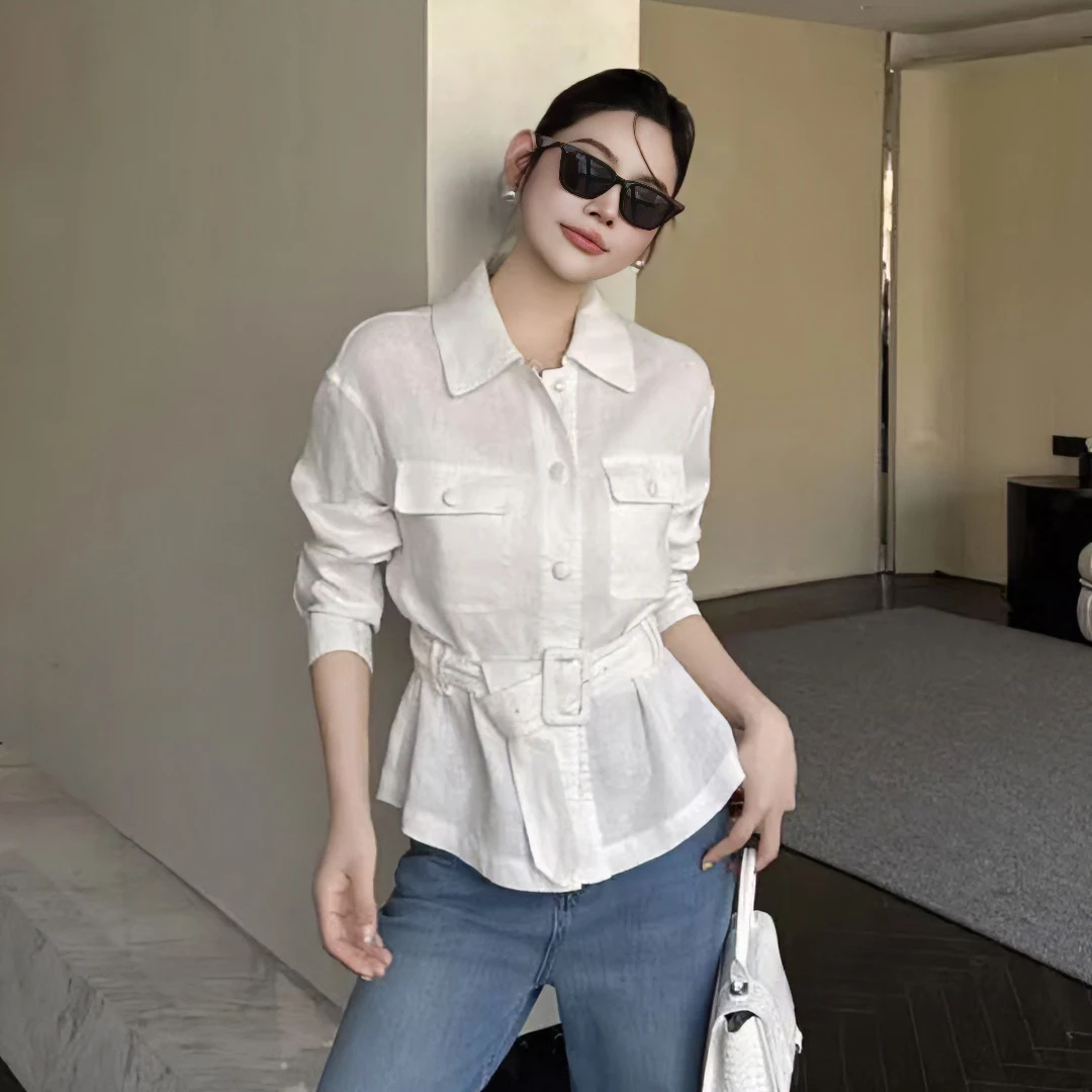 设计感气质翻领收腰白色衬衫女2025夏季新款透气修身显瘦百搭上衣