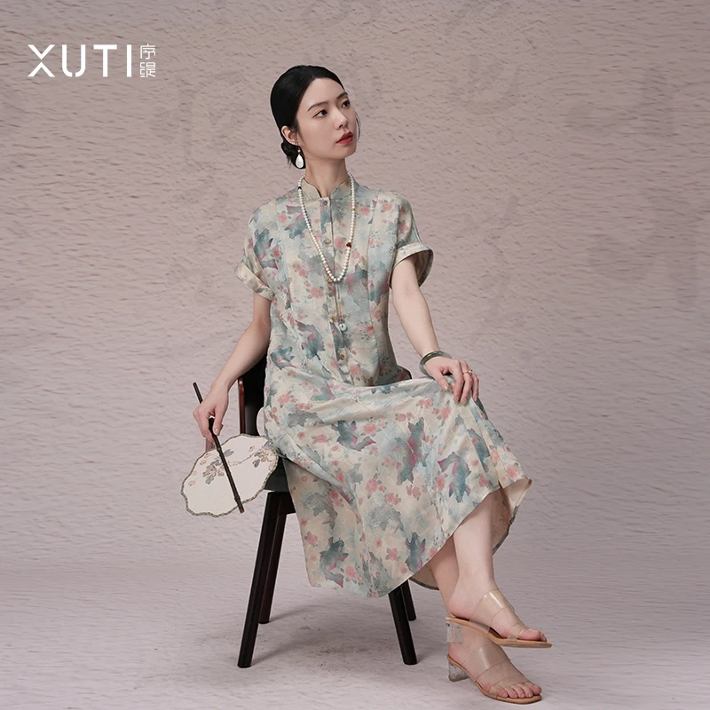 序缇新款夏季国复古风新中式女装桑蚕丝连衣裙H48-10260