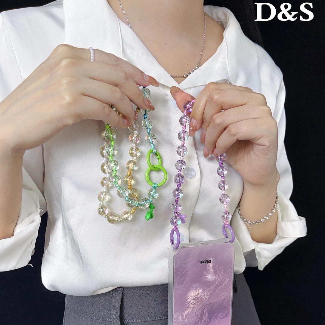 三加一小众彩结闪粉珠挂链时尚手机壳短款潮流链条圆珠短链便携