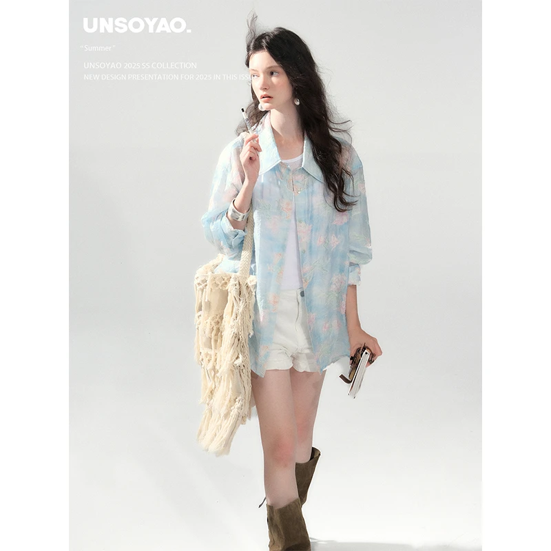 UNSOYAO 25SS “薄雾鸢尾”天丝刺绣定位印花度假防晒休闲大衬衫