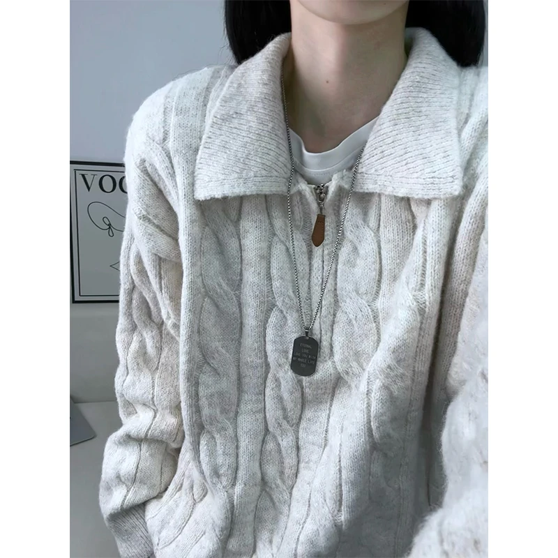 美式复古翻领半拉链麻花毛衣秋冬男款宽松慵懒感情侣套头针织外套