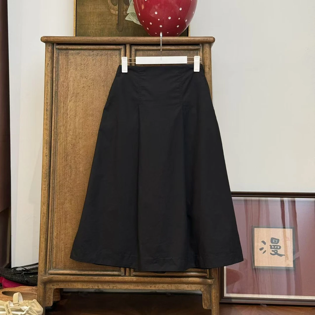 MYL 2025夏季新品纯棉黑色半身裙时尚中腰纯色中长款伞裙A摆半裙