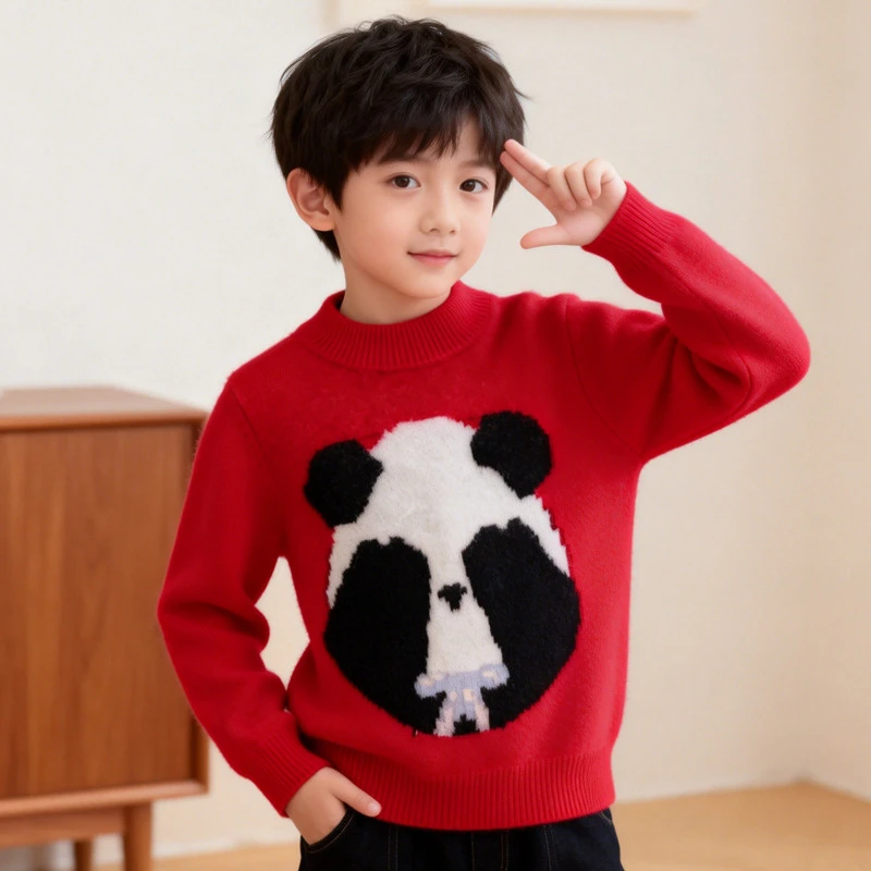 儿童100%羊毛衫秋冬男童半高领提花熊猫加厚针织毛衣套头长袖打底