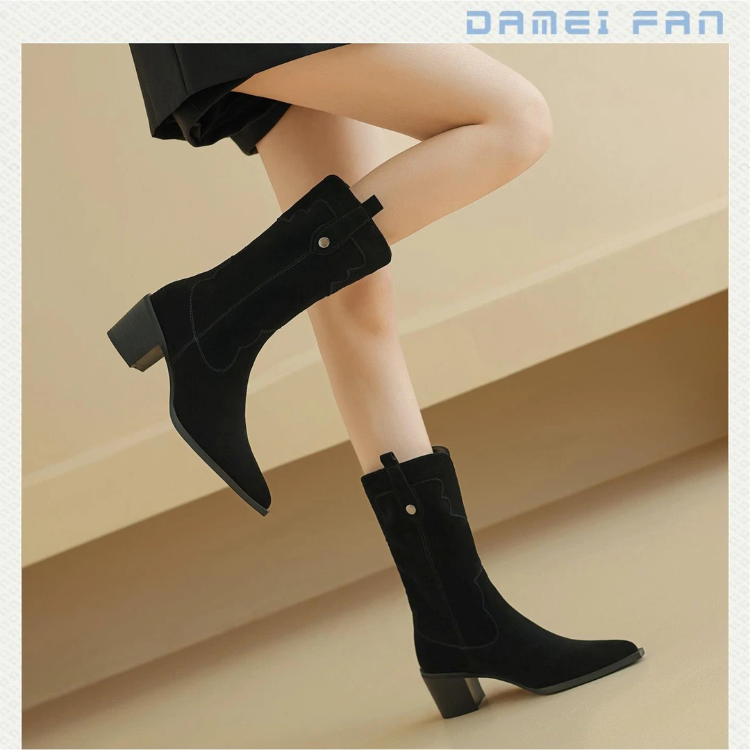 新款短靴尖头西部靴女款2025新款秋冬靴子女加绒马丁靴磨砂中筒靴