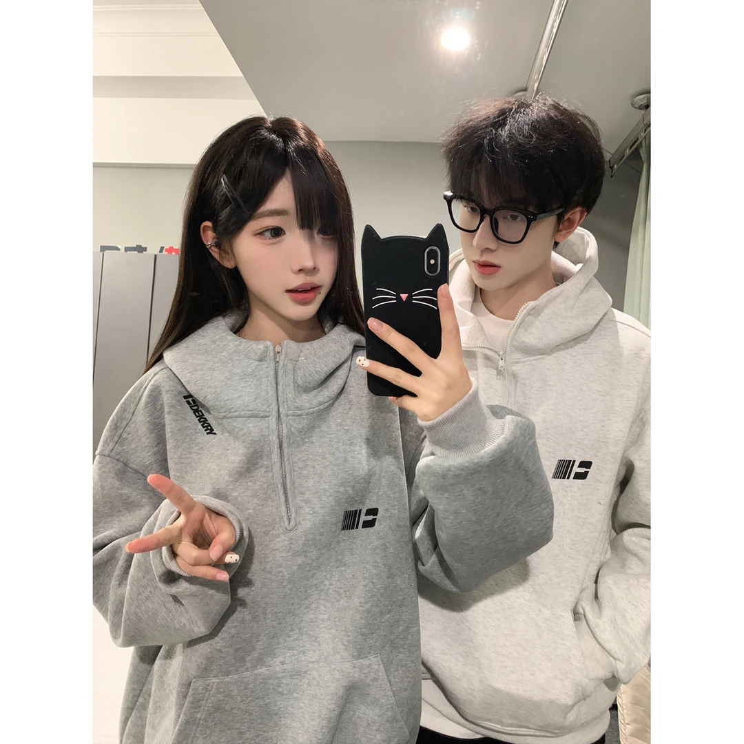 美式个性潮流字母印花连帽半拉链卫衣男女秋冬季情侣百搭休闲上衣