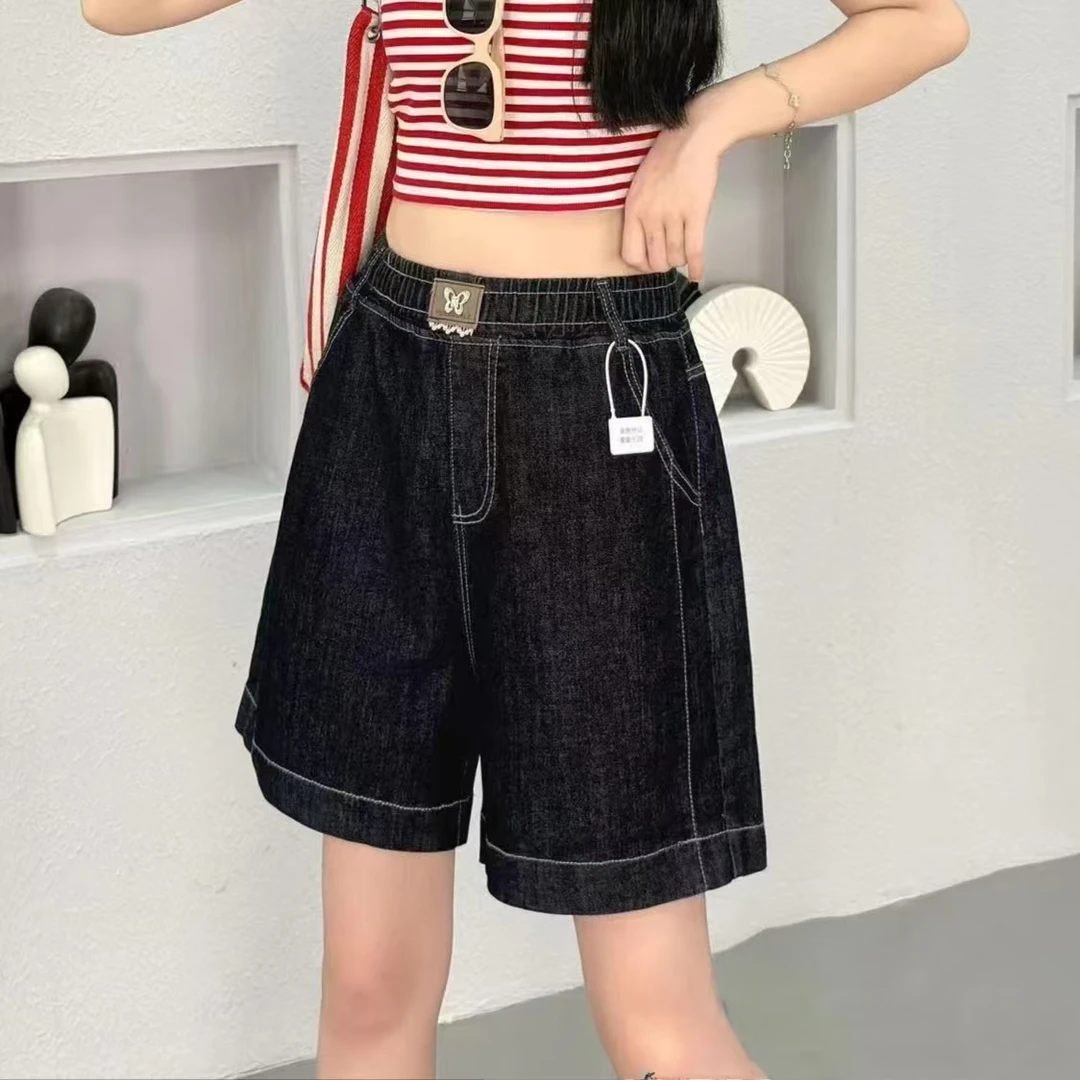 大码弹力松紧腰时尚显瘦百搭宽松休闲女士水洗牛仔五分裤女士短裤