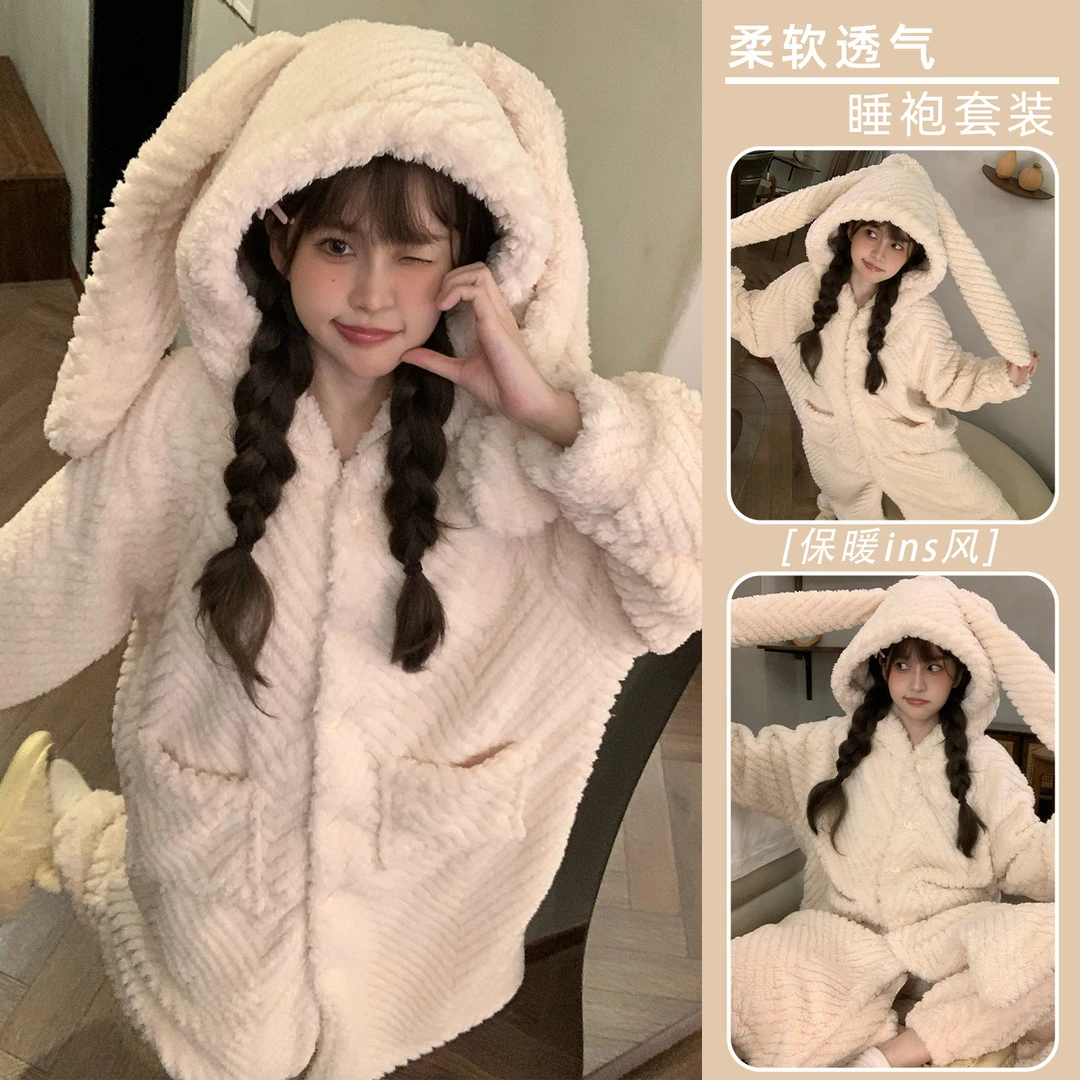 睡袍2025年新款加厚加绒睡衣女秋冬法兰绒珊瑚绒可外穿家居服套装