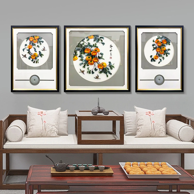 益师傅中式装饰画客厅画沙发背景墙画刺绣山水挂画柿柿如意80200