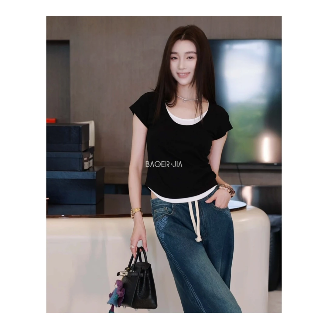 88-宝儿家含幂BL97525103春夏新款穿搭天丝假两件柔软透气裁剪T恤