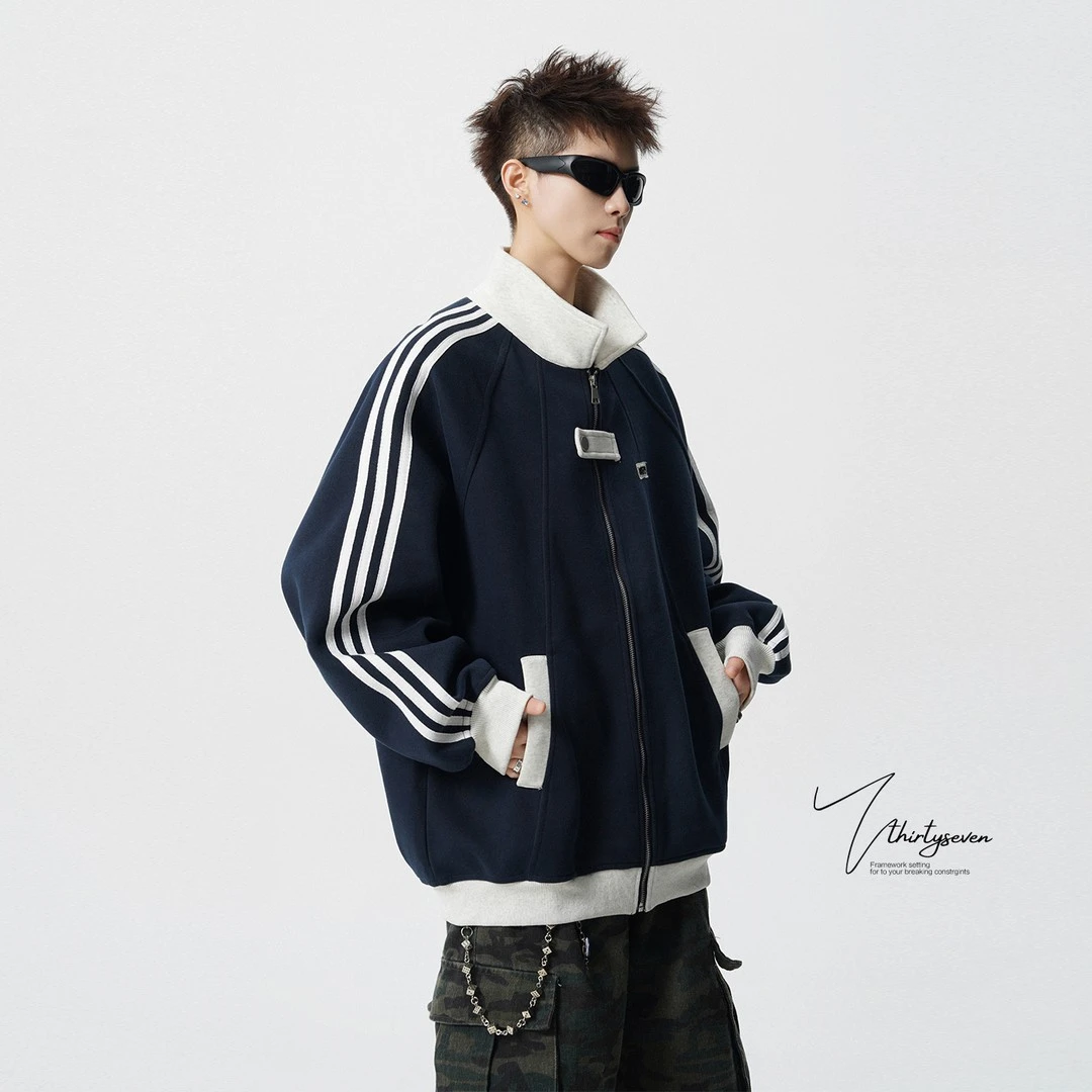 美式立领撞色拼接青少年运动夹克男秋潮牌复古条纹插肩袖卫衣外套