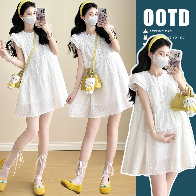 孕妇夏装2025韩版时尚新款仙仙减龄重工蕾丝钩花孕妇飞飞袖连衣裙