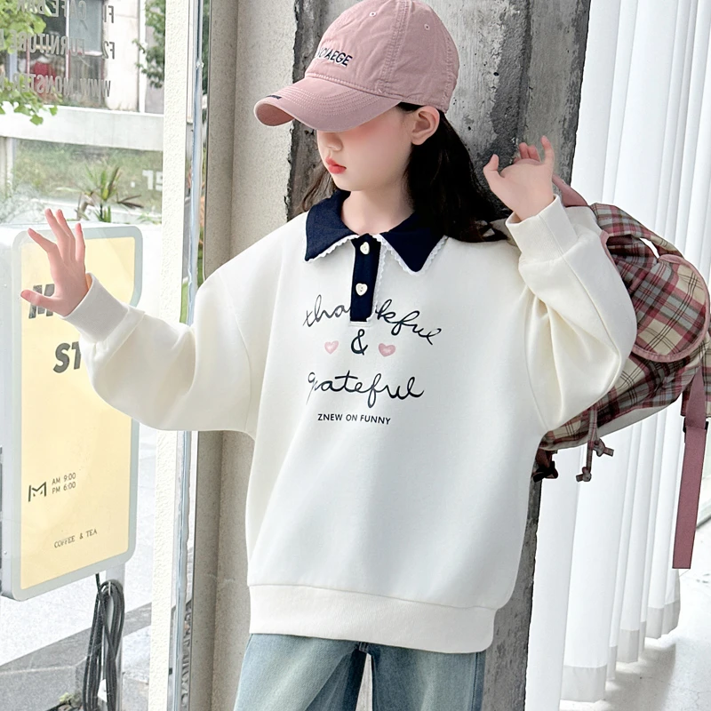 女童卫衣春秋6-12岁儿童韩版洋气上衣秋装中大童长袖翻领学院风潮