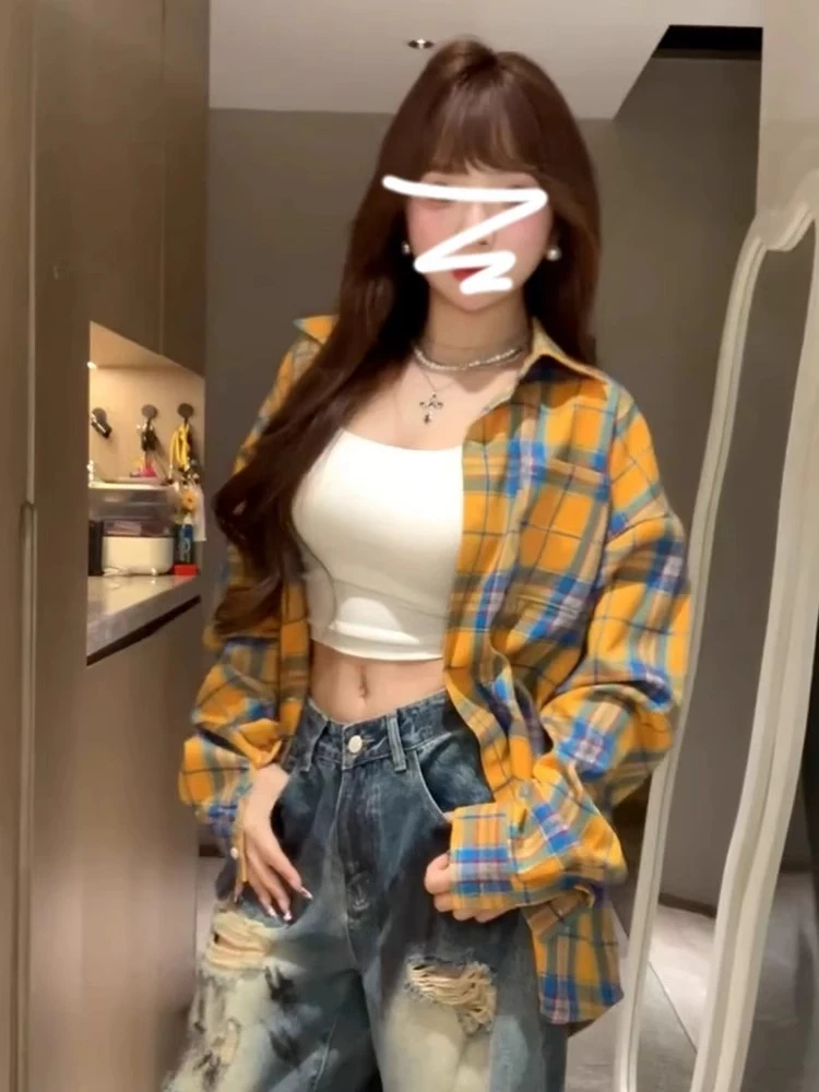 黄色格子长袖衬衫女上衣春秋2025夏季新款设计感宽松防晒衬衣外套