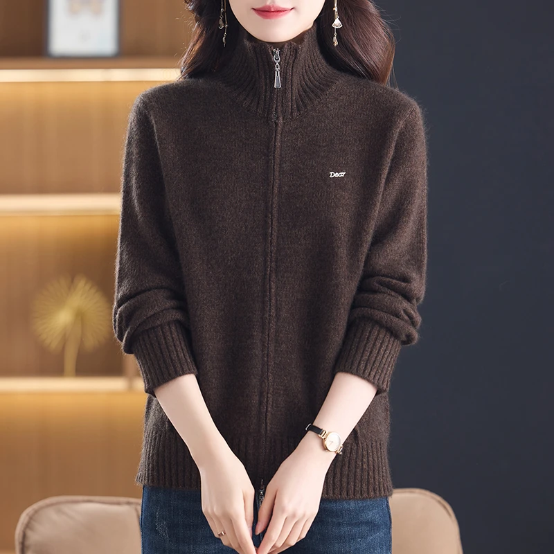 100%纯羊毛衫女款外套双拉链针织衫开衫加厚宽松时尚显瘦秋冬毛衣