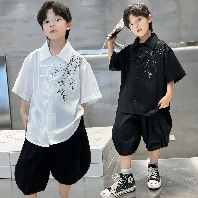 男童夏季古风美学竹叶套装痞帅工装套装套装中大童汉服帅气