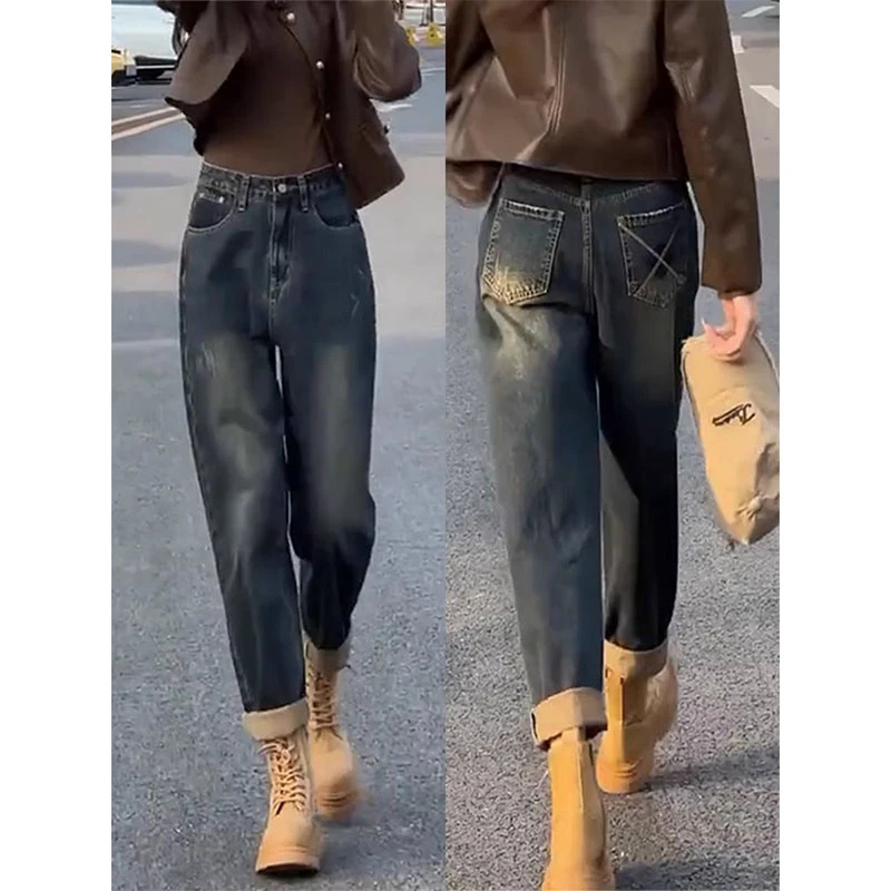 大码复古哈伦牛仔裤女2025春季新款胖mm宽松高腰九分老爹萝卜裤子