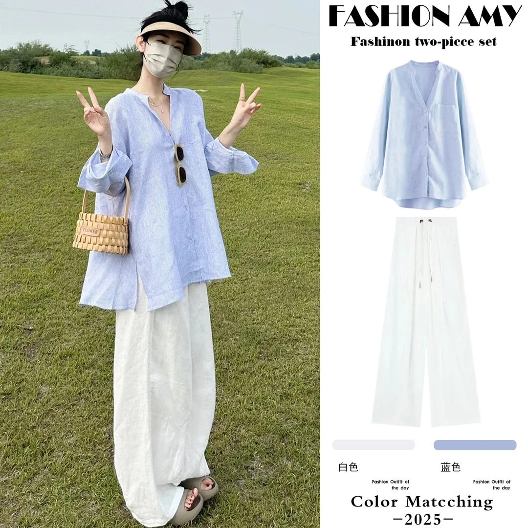 孕妇套装春夏新款时尚韩版宽松慵懒风长袖衬衫上衣休闲阔腿直筒裤