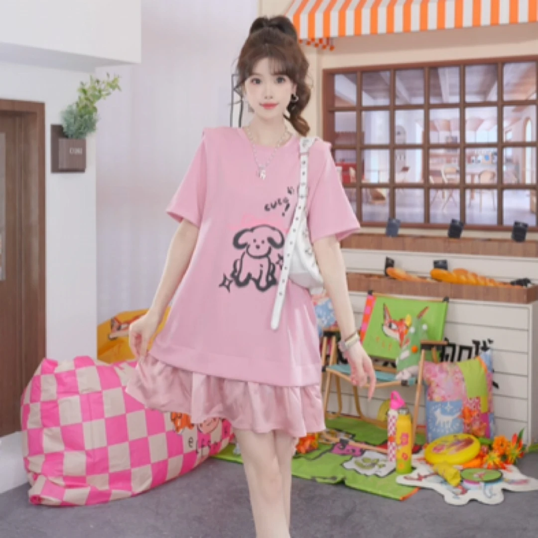 妖精的口袋妖精的口袋拼接印花t恤连衣裙女2025夏季新款公主风甜