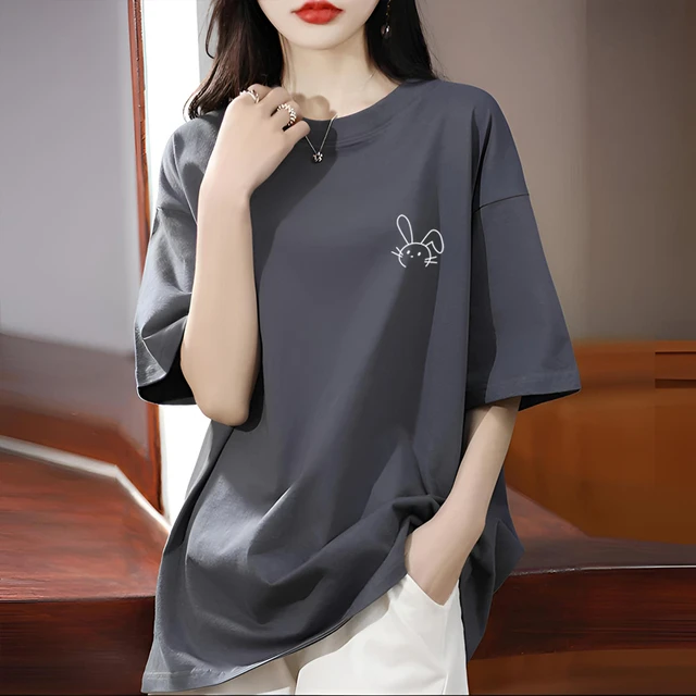 2025新款短袖T恤女夏季宽松休闲中长款遮屁股洋气大码圆领上衣潮