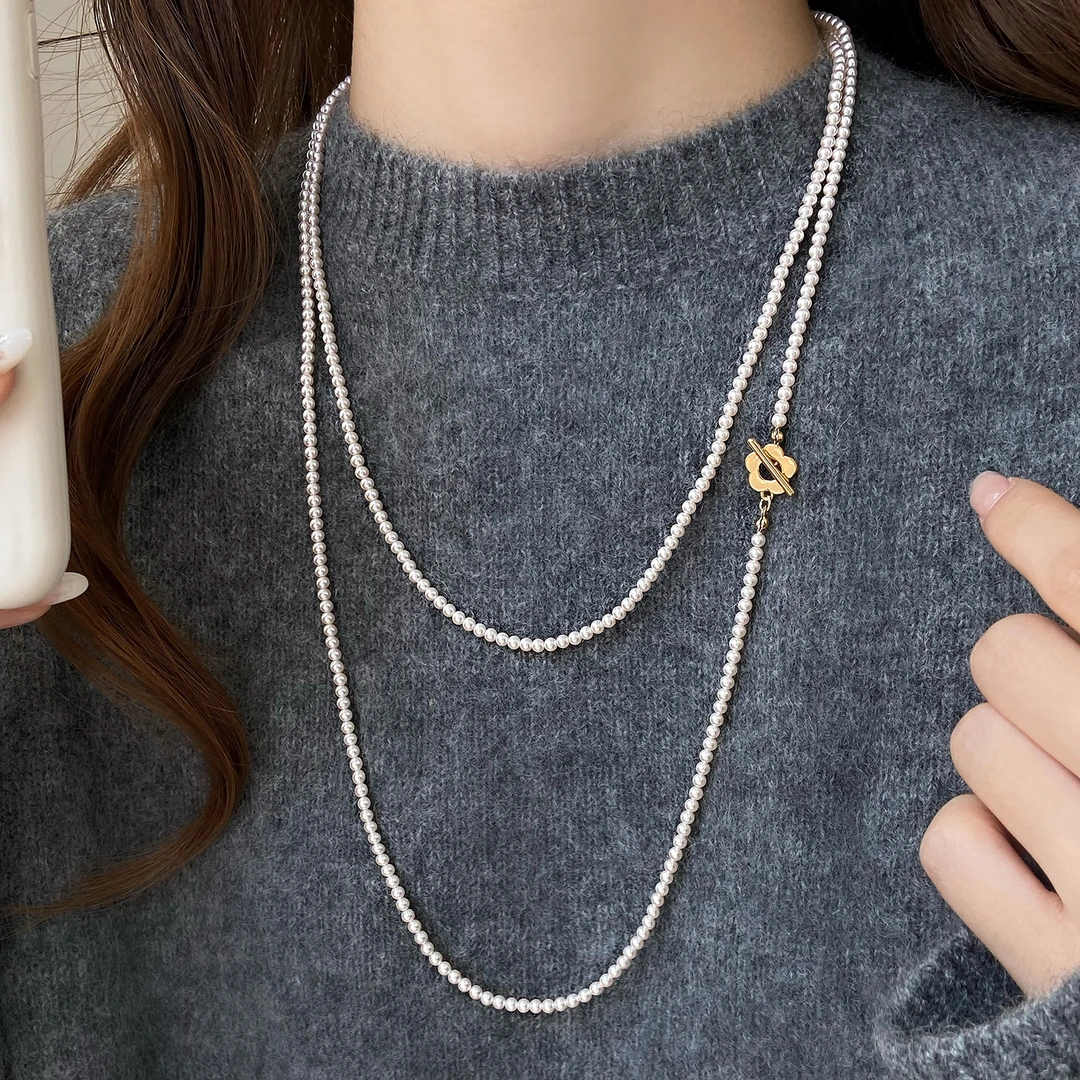 铜合金项链  秋冬珠珠花朵OT扣长款项链女2025新款百搭毛衣链配饰