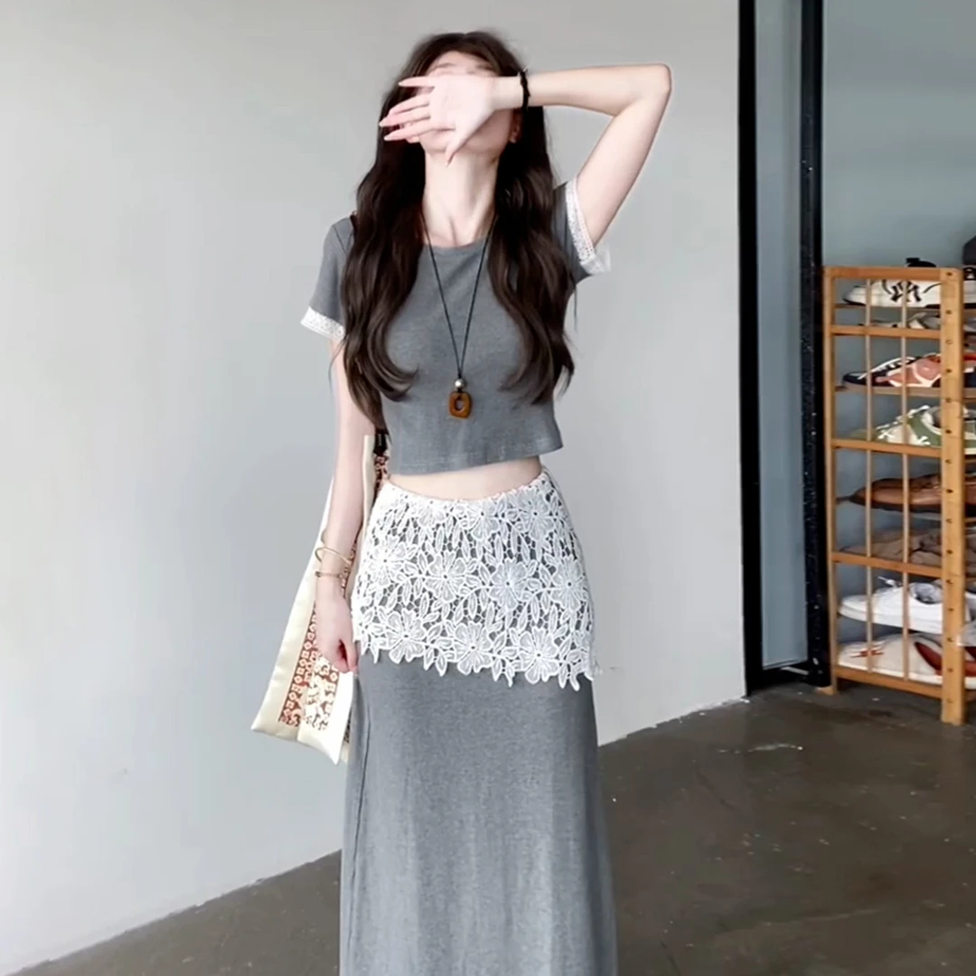 4674法式灰色蕾丝短袖连衣裙子女夏季2025新款高级感收腰套装长裙