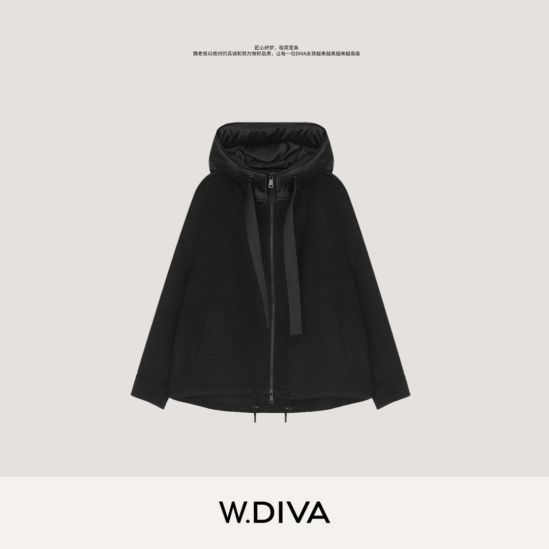 W.Diva【奇点】山羊绒羊毛柔软细腻鹅绒连帽双面呢外套女54C122653