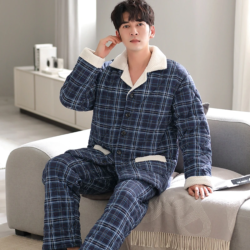 中老年人爸爸睡衣男士冬季三层加厚夹棉中年纯棉秋冬款家居服套装