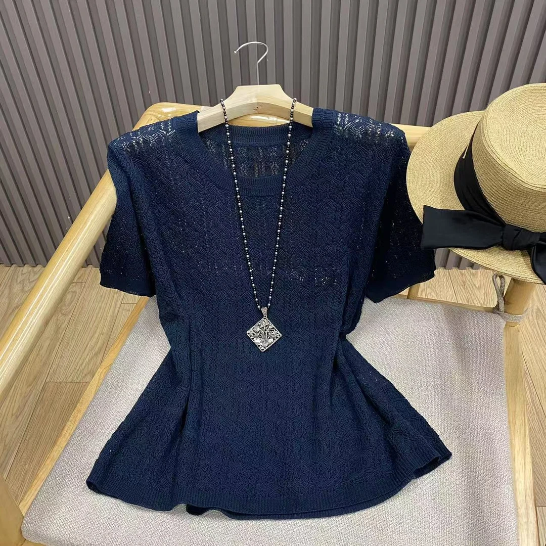 圆领镂空提花短袖天丝亚麻针织衫套头纯色宽松百搭上衣女Z22946