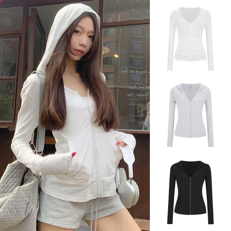 MosesQueen/魔西女王 白色连帽开衫外套女夏季薄款外搭显瘦防晒衫