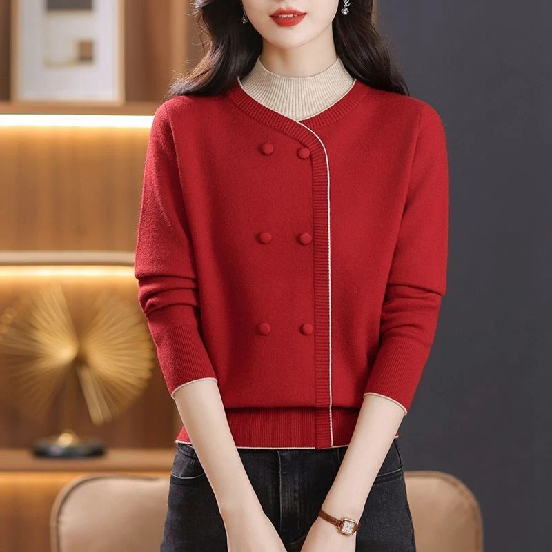 秋冬时尚洋气新款针织打底衫半高领毛衣假两件女上衣加厚内搭2025