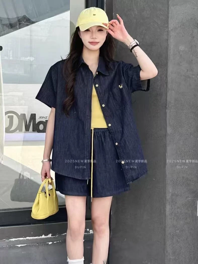 小孟~夏季新款牛仔短袖短裤吊带三件套