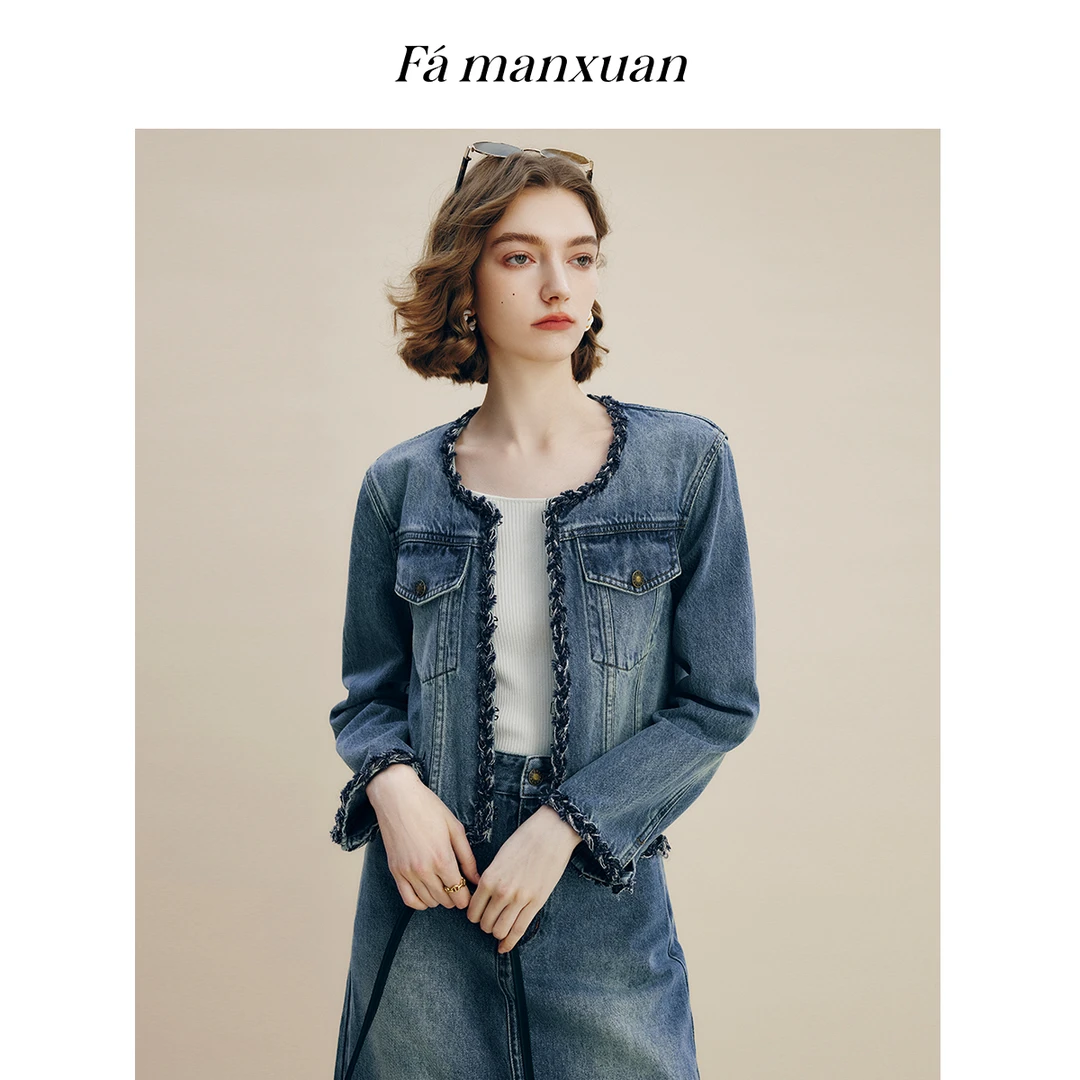 【达人专享】法曼萱织带短款牛仔外套女秋上衣WT0654