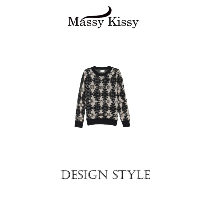 【宠粉专属】重工镶钻菱格字母提花针织衫秋冬宽松套头圆领毛衣女