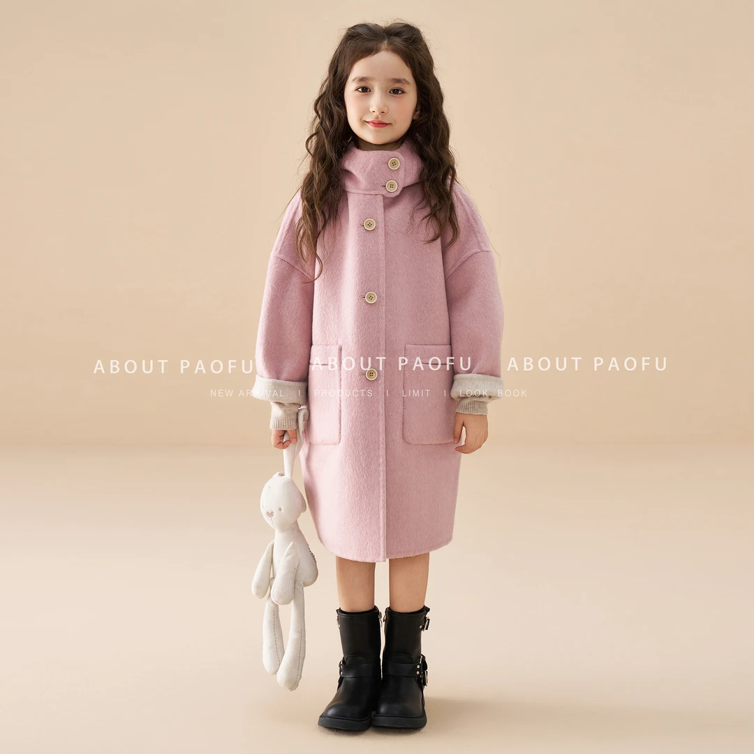 泡芙定制 2025冬季新款女童粉色双面纯手工绵羊毛大衣 DY241121
