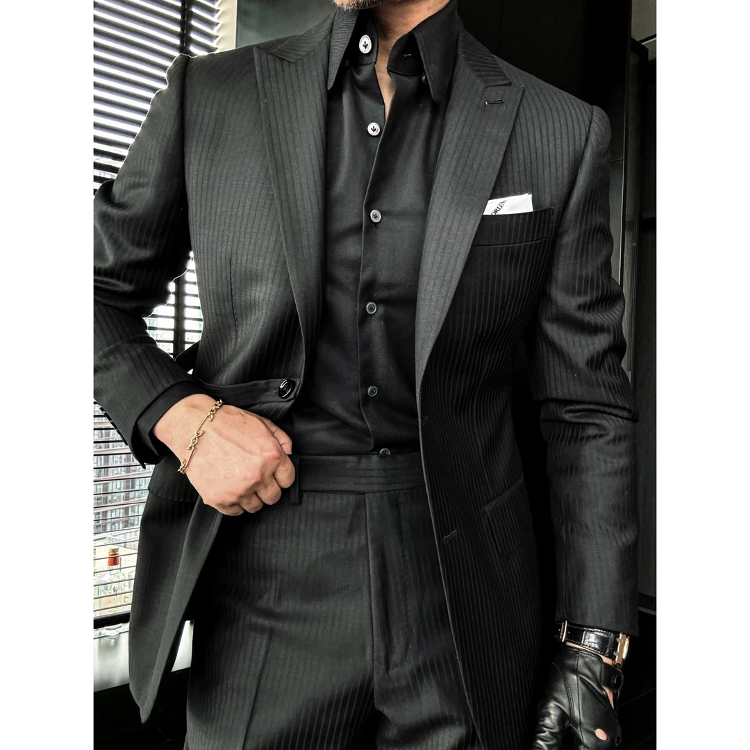 DRUNKCORNER | 黑标系列 |暗条纹西裤男士修身男款透气高腰九分裤