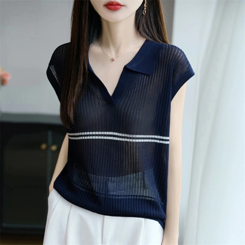 2025夏季新款韩版宽松休闲无袖撞色针织polo领背心上衣女ZM-270