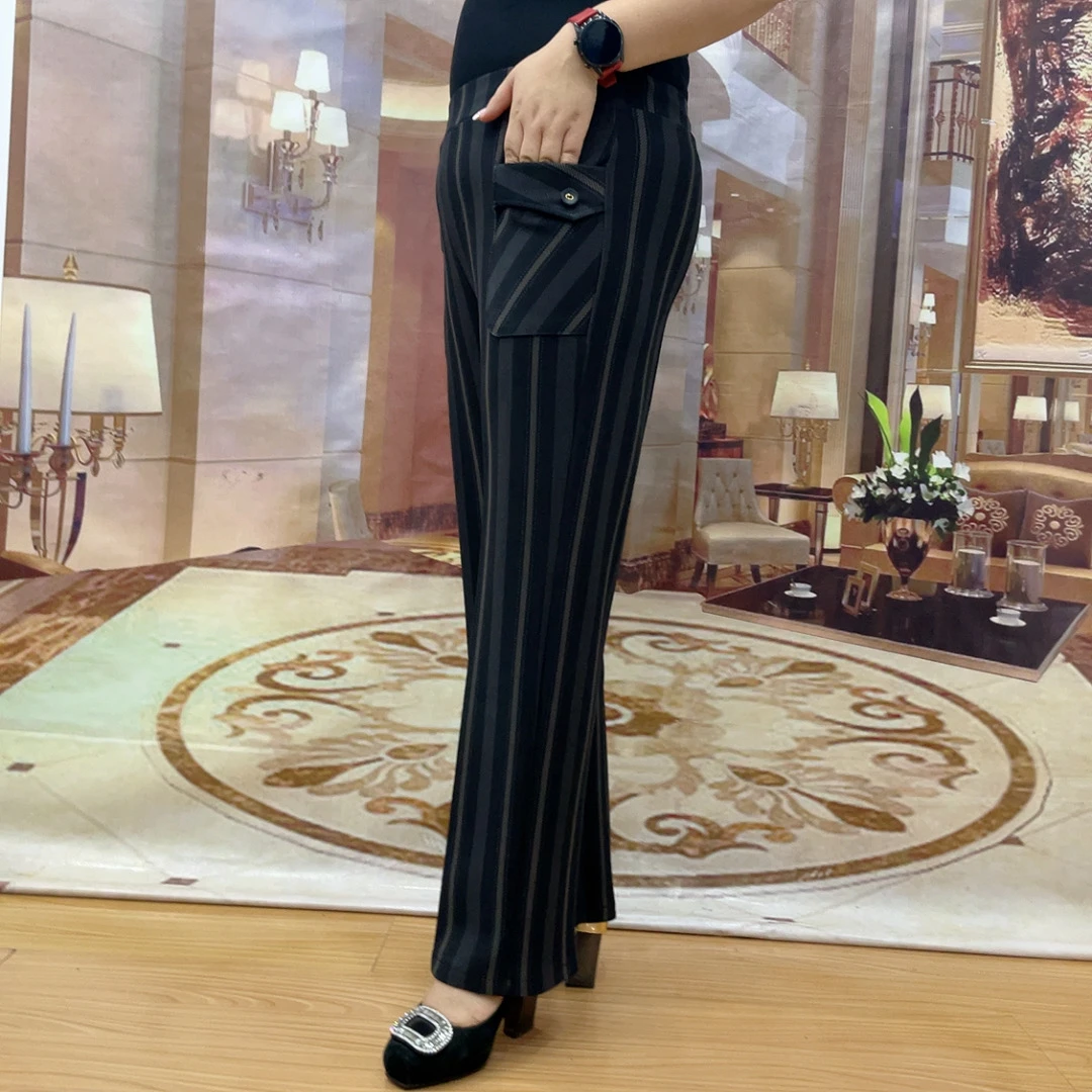 2025年新款修身显瘦宽松格子裤高腰大码松紧腰秋季直筒妈妈长裤子