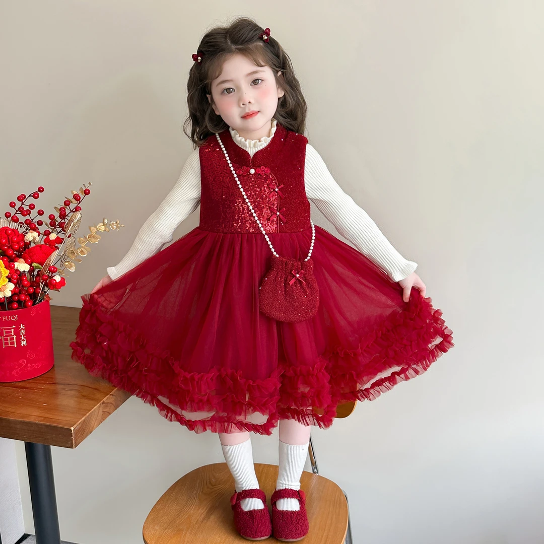 女童新年国风旗袍裙冬季2025新款女宝宝洋气公主裙两件套过年礼服