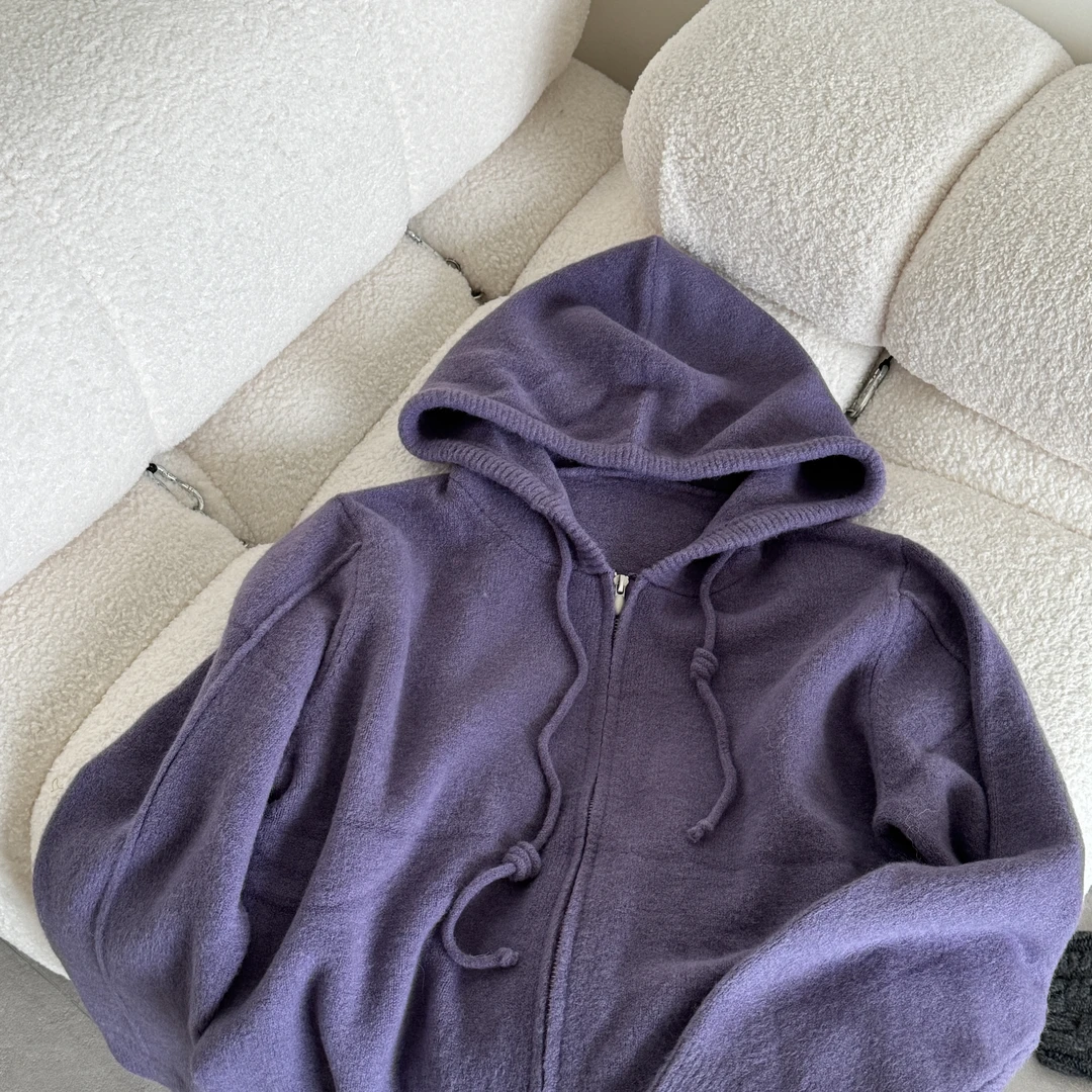 【听风格】五色可机洗波尔绒双拉链韩系百搭连帽宽松针织开衫外套女