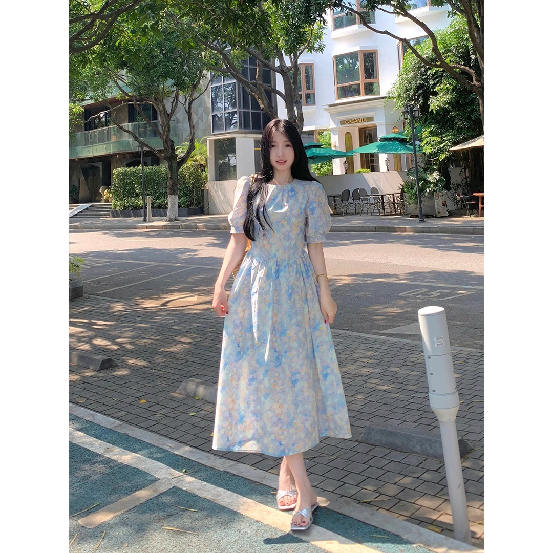 韩系高级感碎花油画风连衣裙夏季新款宽松显瘦裙子-LK3236