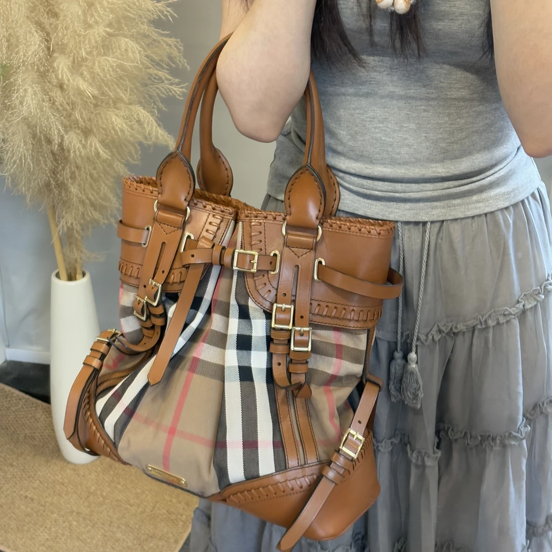 95新 BURBERRY/博柏利 格纹绑带手提托特包