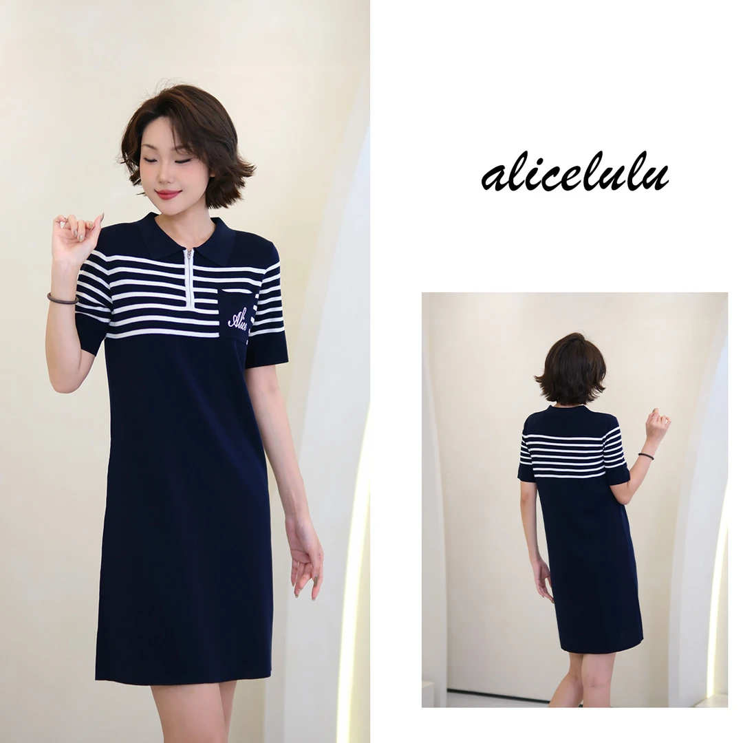 1 alicelulu简约条纹拼色拉链Polo领毛针织衫直筒显瘦 S2142687L
