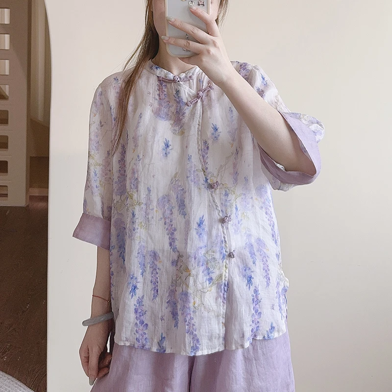 【普罗旺斯小衫】夏季清爽印花苎麻改良新中式立领上衣  51752