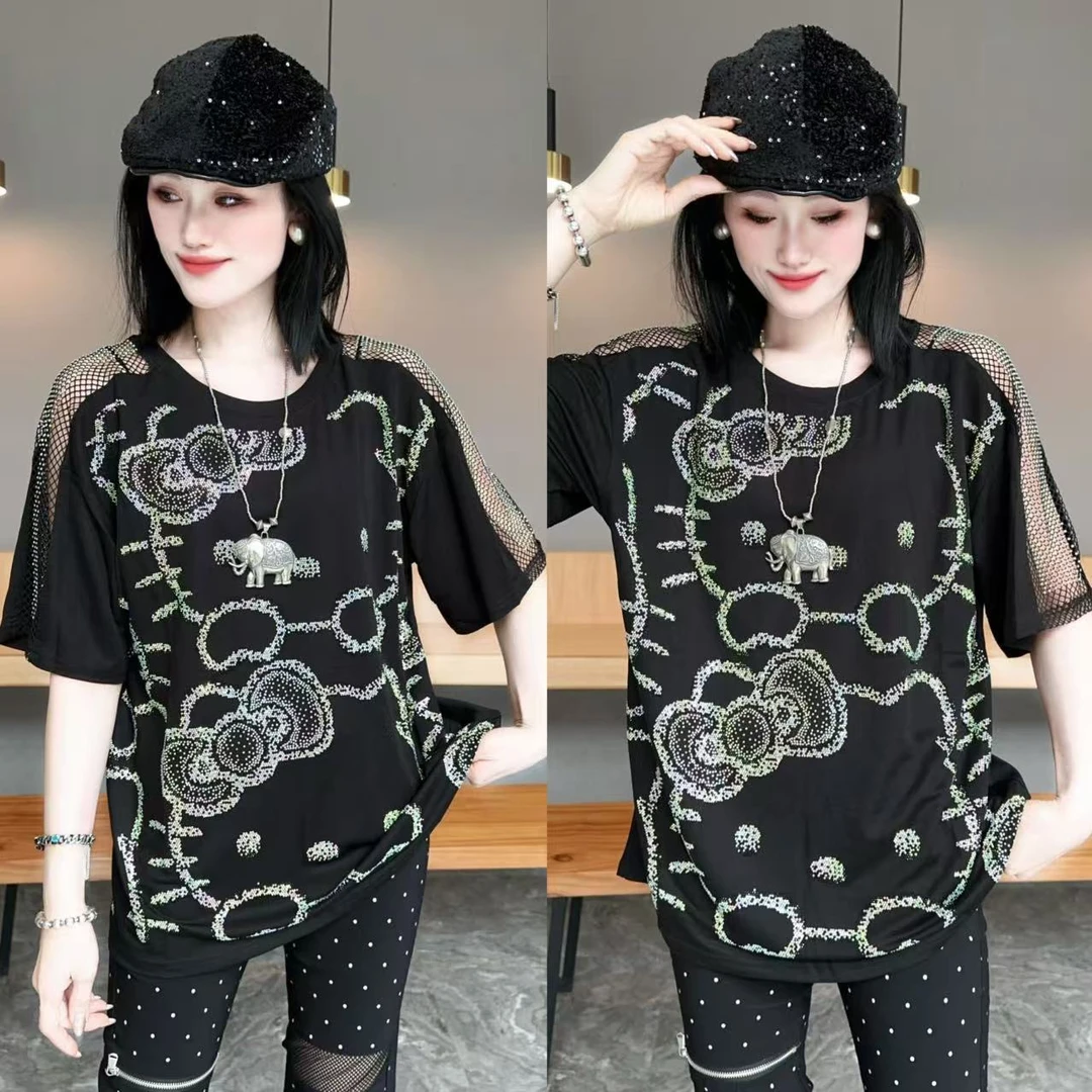 【YJ·高定】2025夏季薄款百搭显瘦镂空烫钻黑色半袖上衣女 YY2794