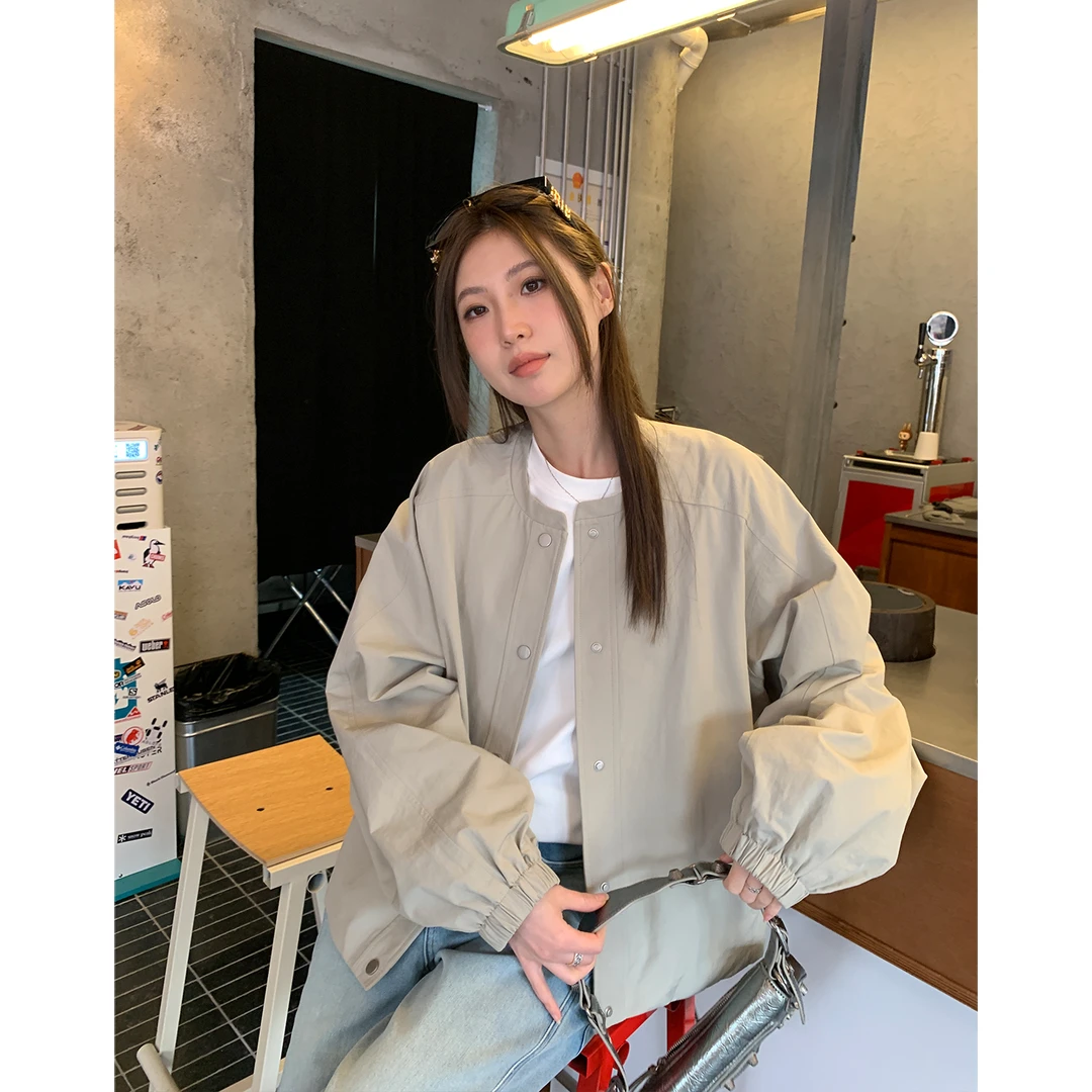 福利 美式简约圆领夹克外套女秋季2025新款宽松休闲短款棒球服