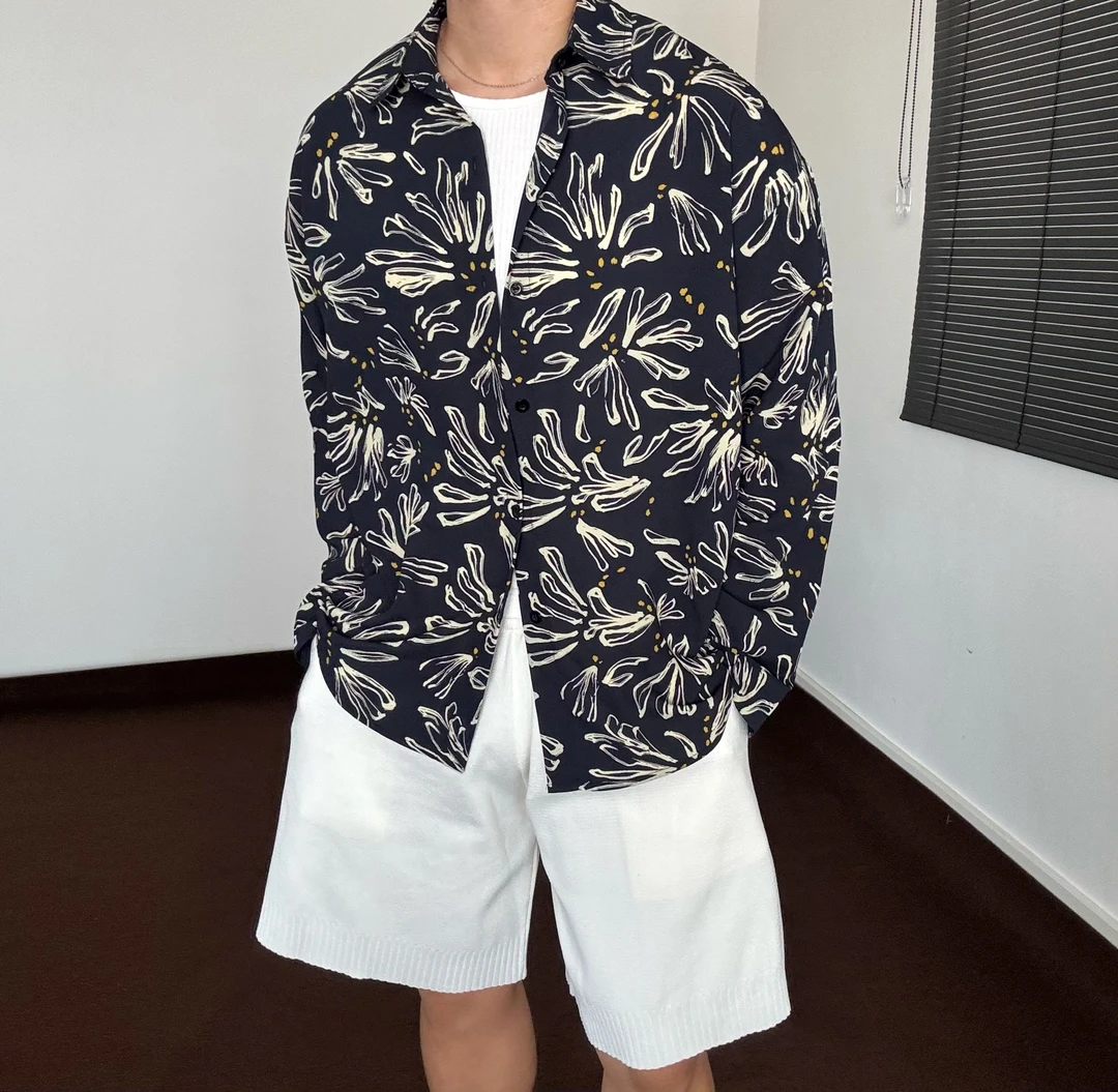 陆星家【花漾】夏季高级感男士长袖衬衫宽松休闲衬衣满印C300