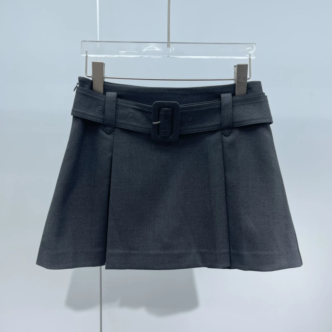 2024秋季新款黑色短裙A字裙百褶裙半身裙50123503学院风