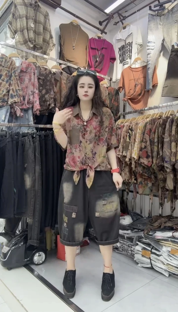 新品夏季翻领宽松遮肚复古花色拼接衬衫衬衣