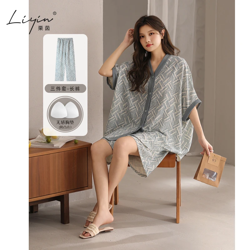 栗茵新款泡泡绵夏季女士短袖睡衣网红风带胸垫短裤家居服三件套