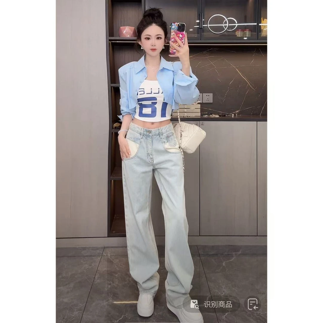 曼曼【校队甜心】韩版翻领长袖衬衫女美式数字字母印花背心